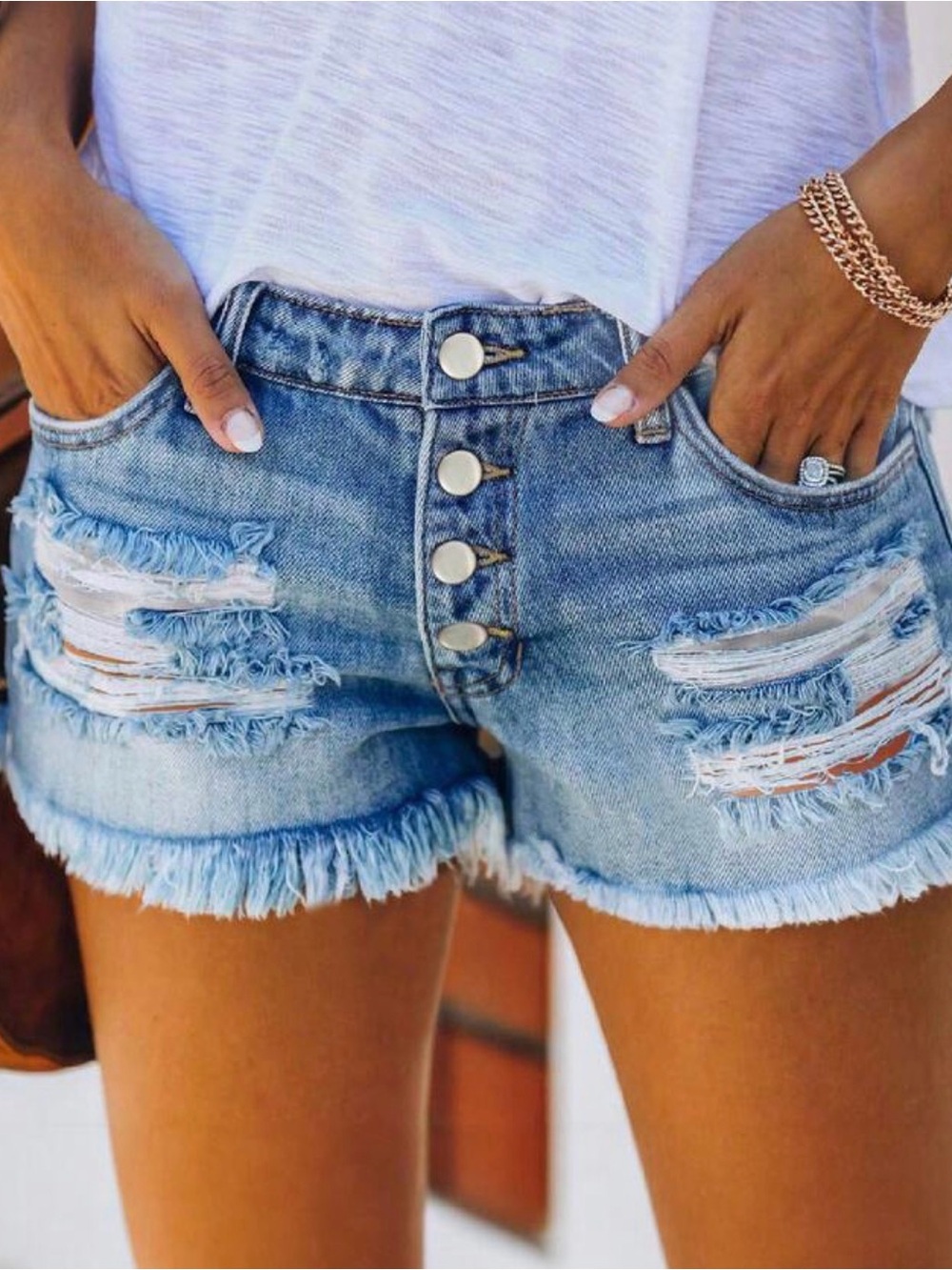 SHEIN High-End Buckle Women Mid-Waist Denim Shorts